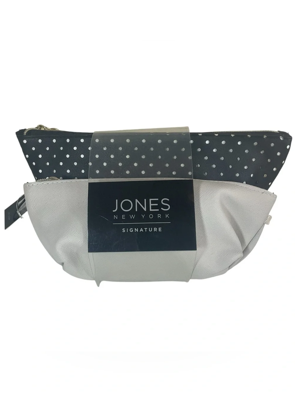 Jones New York Signature 2 Pc Cosmetic Bag Set Black White Polka Dot Beige PVC N
